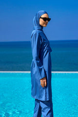 Burkini Modest Swimwear Set 3-Teilig in Blau von Andalus by Marina - Komplettansicht des muslimischen Badeanzugs mit Kopfbedeckung, Oberteil und Hose
