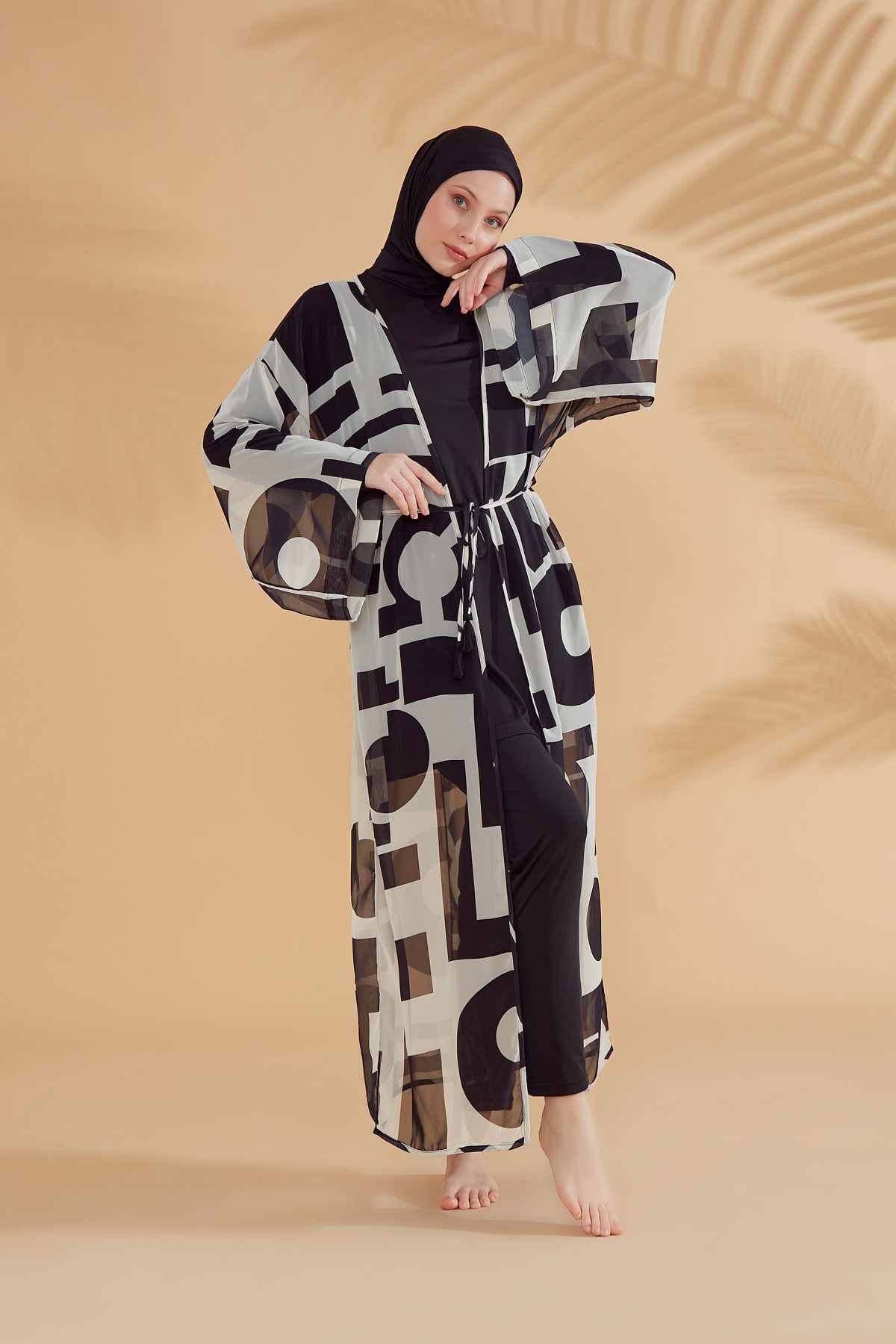 Kimono Pareo Schwarz weiß gemustert "Marina" P2337