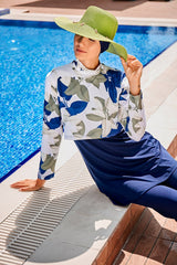 Burkini Modest Swimwear Set 4-Teilig Marineblau mit Blumenmuster "Marina" 1972
