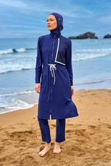 Burkini Modest Swimwear Set 4-Teilig Marineblau mit weißen Streifen "Marina" M2506-2