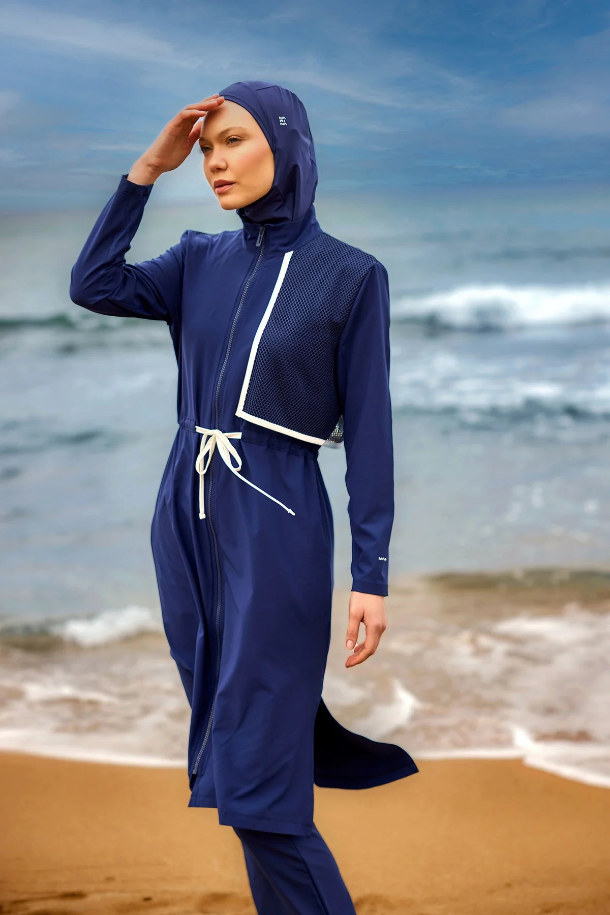 Burkini Modest Swimwear Set 4-Teilig Marineblau mit weißen Streifen "Marina" M2506-2