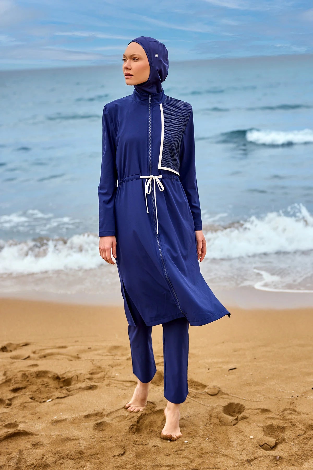 Burkini Modest Swimwear Set 4-Teilig Marineblau mit weißen Streifen "Marina" M2506-2