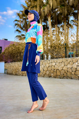 Burkini Modest Swimwear Set 4-Teilig Marineblau mit buntem Oberteil "Marina" M2511