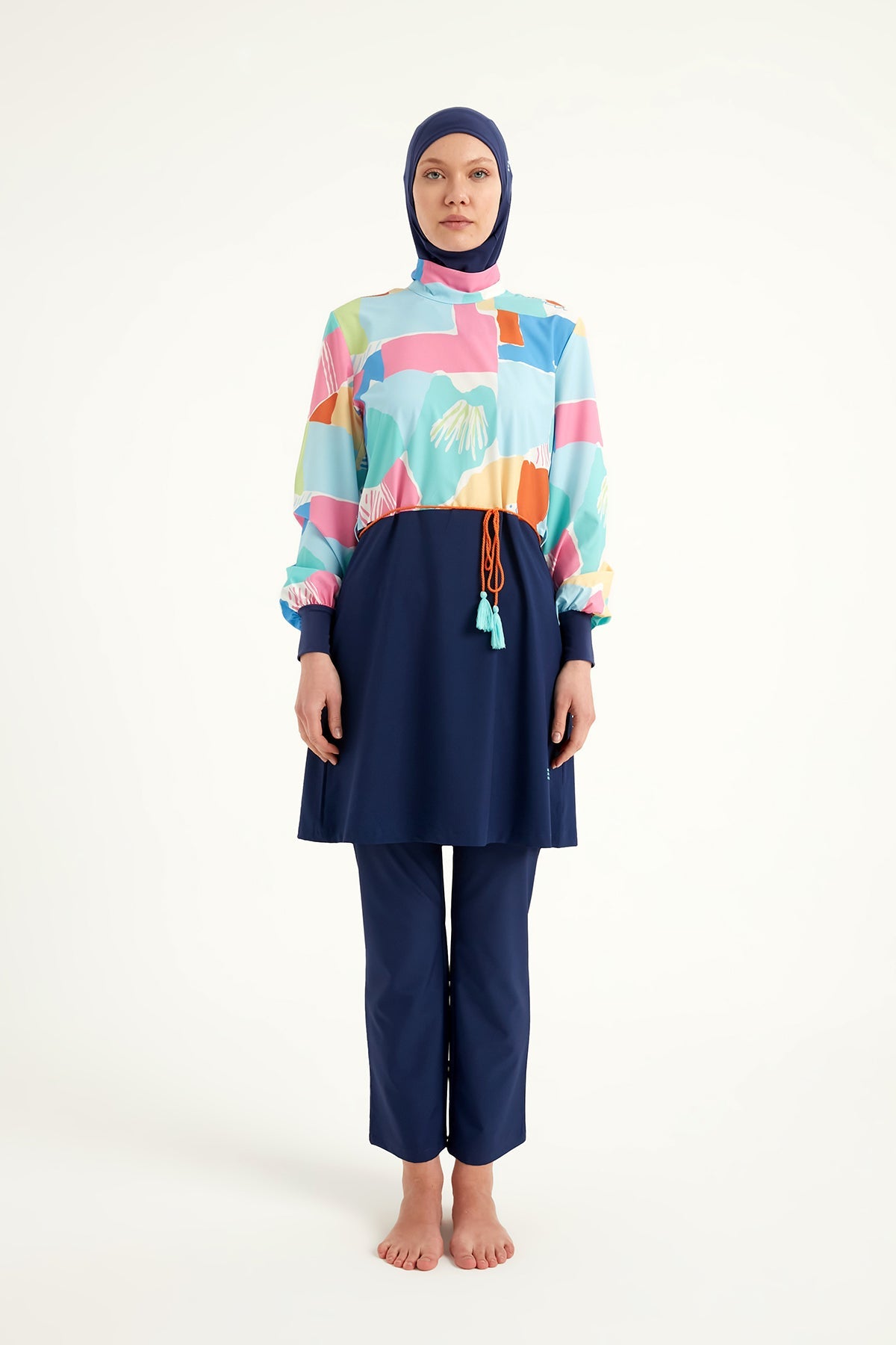 Burkini Modest Swimwear Set 4-Teilig Marineblau mit buntem Oberteil "Marina" M2511
