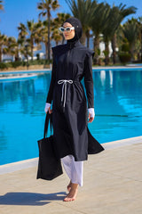 Burkini Modest Swimwear Set 4-Teilig Schwarz mit weißer Schwimmhose "Marina" M2501-2