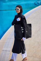 Burkini Modest Swimwear Set 4-Teilig Schwarz mit weißer Schwimmhose "Marina" M2501-2