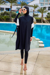 Burkini Modest Swimwear Set 4-Teilig Schwarz mit Weißen Ärmelakzenten "Marina" M2502