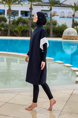 Burkini Modest Swimwear Set 4-Teilig Schwarz mit Weißen Ärmelakzenten "Marina" M2502