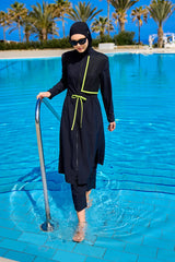 Burkini Modest Swimwear Set 4-Teilig Schwarz mit grünen Streifen "Marina" M2506-1