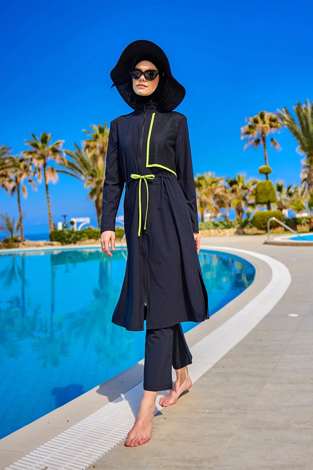 Burkini Modest Swimwear Set 4-Teilig Schwarz mit grünen Streifen "Marina" M2506-1