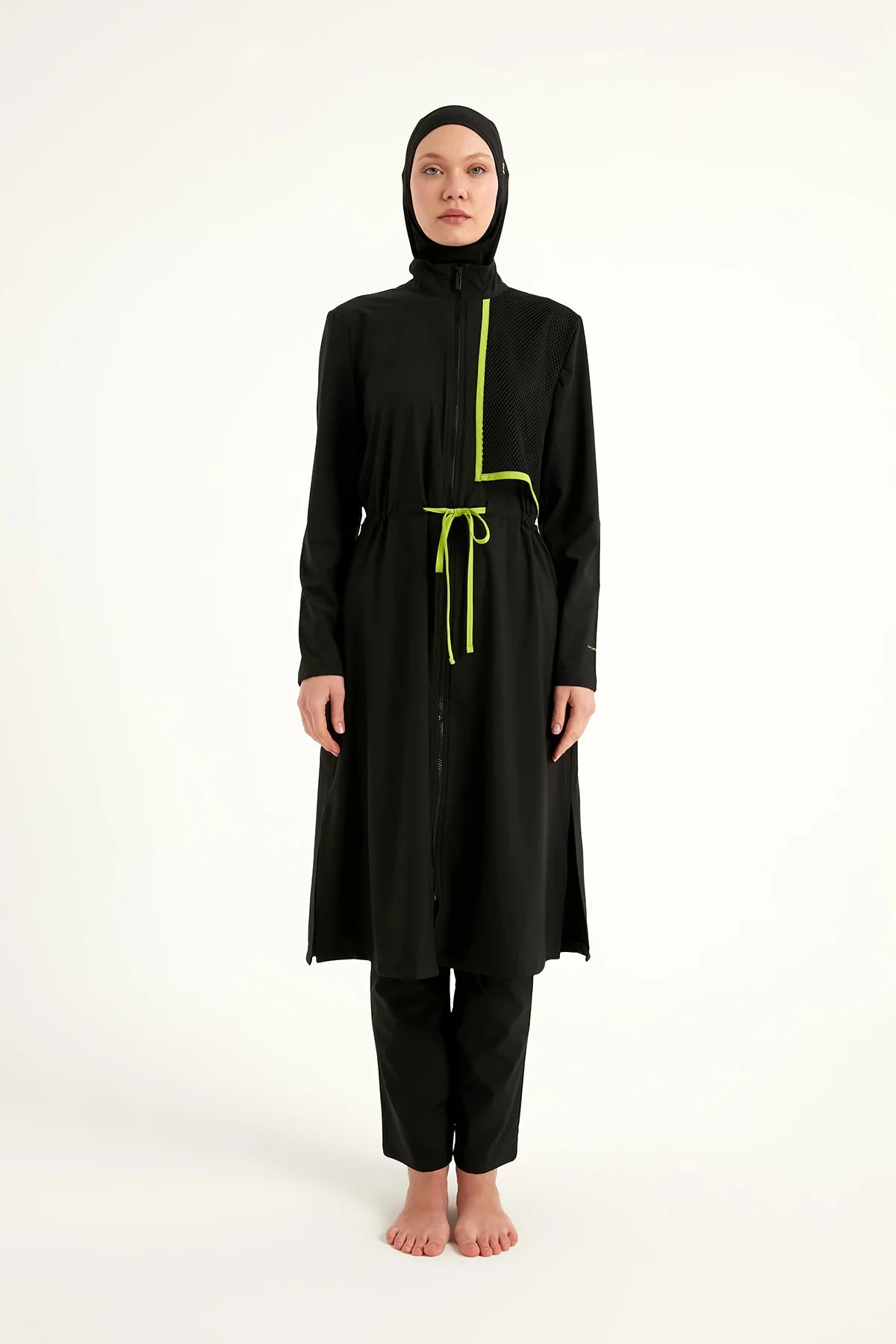 Burkini Modest Swimwear Set 4-Teilig Schwarz mit grünen Streifen "Marina" M2506-1