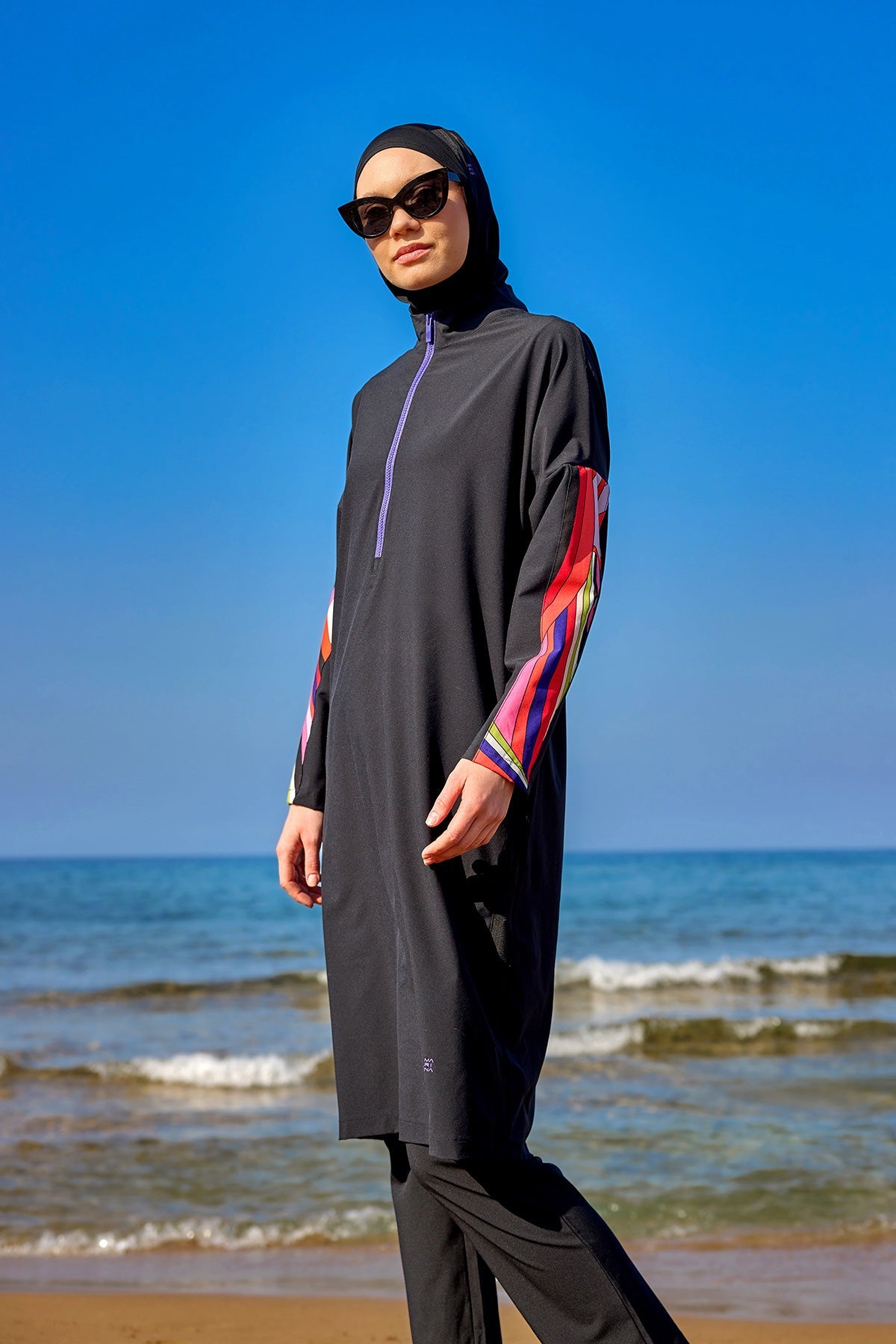 Burkini Modest Swimwear Set 4-Teilig Schwarz mit bunten Ärmeln "Marina" M2510