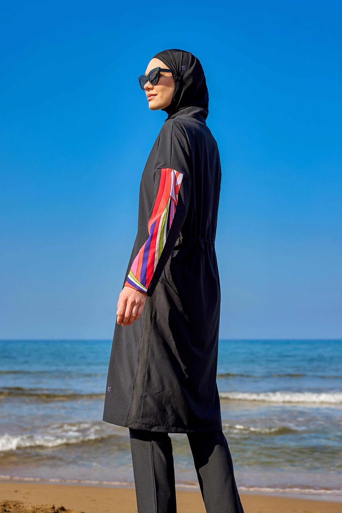 Burkini Modest Swimwear Set 4-Teilig Schwarz mit bunten Ärmeln "Marina" M2510