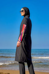 Burkini Modest Swimwear Set 4-Teilig Schwarz mit bunten Ärmeln "Marina" M2510