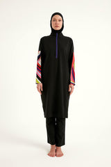 Burkini Modest Swimwear Set 4-Teilig Schwarz mit bunten Ärmeln "Marina" M2510