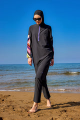 Burkini Modest Swimwear Set 4-Teilig Schwarz mit bunten Ärmeln "Marina" M2510
