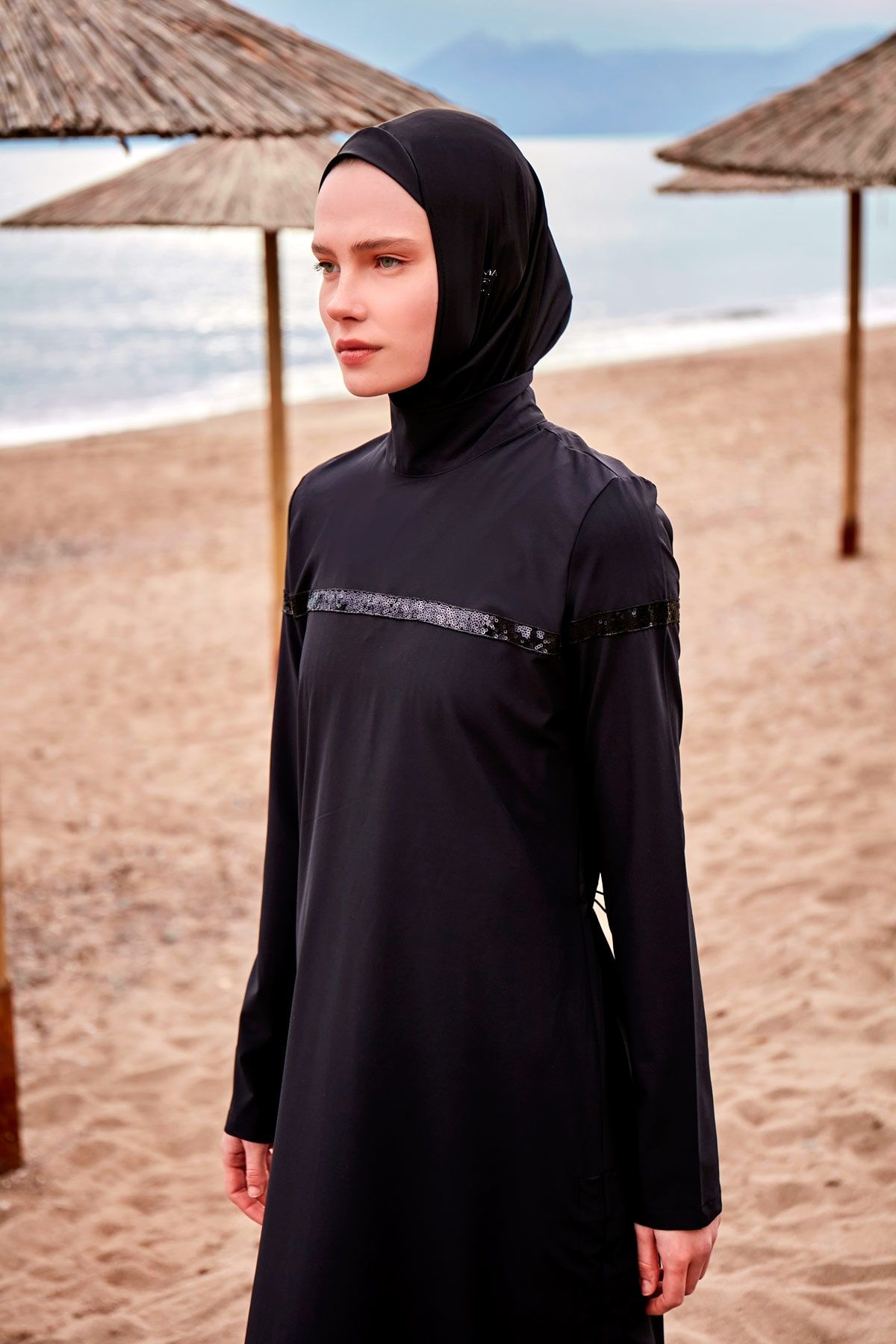 Burkini Modest Swimwear  Set Webstoff 4-Teilig Schwarz mit Pailletten "Marina" M2433