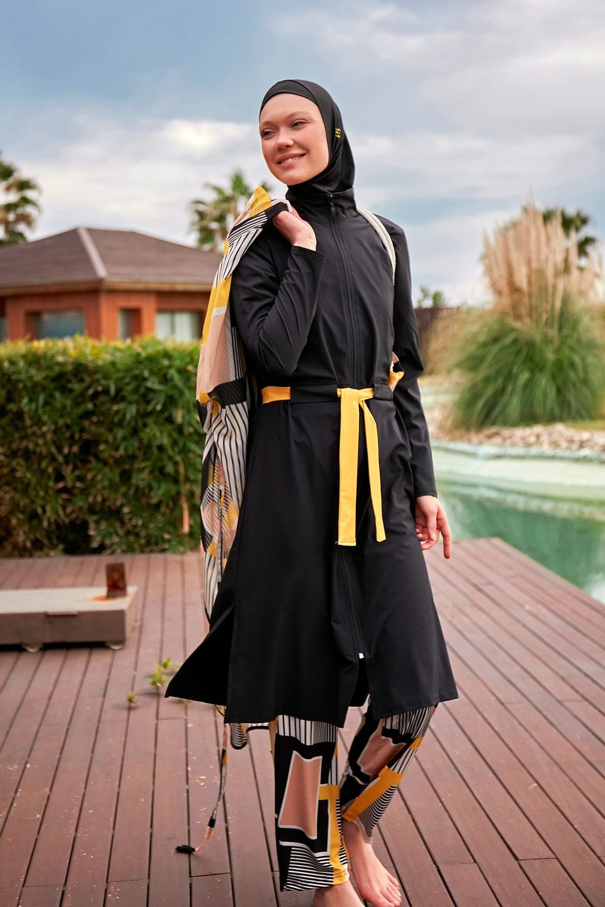 Burkini Modest Swimwear  Set Webstoff 4-Teilig Schwarz mit Karomotiven "Marina" M2422