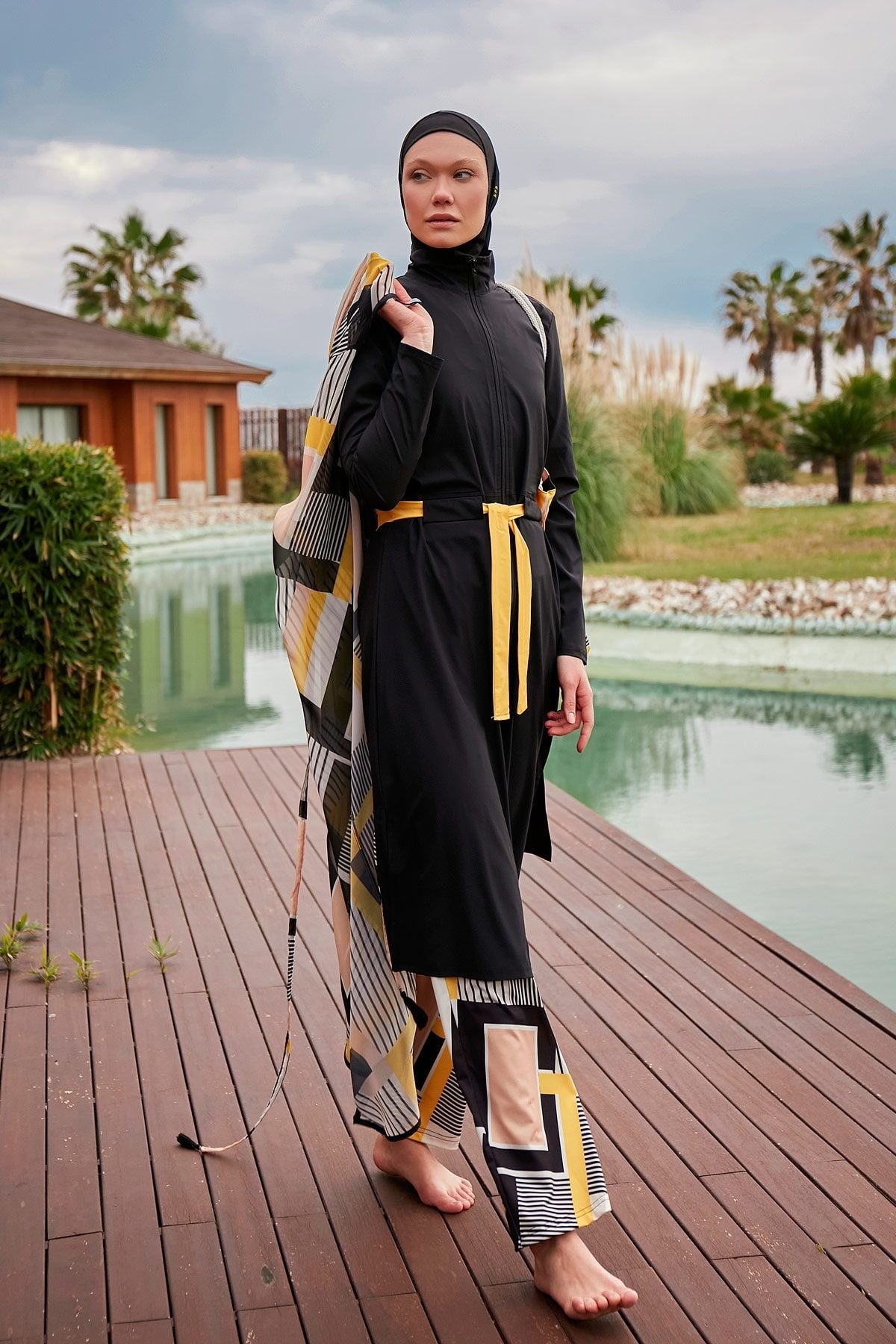 Burkini Modest Swimwear  Set Webstoff 4-Teilig Schwarz mit Karomotiven "Marina" M2422