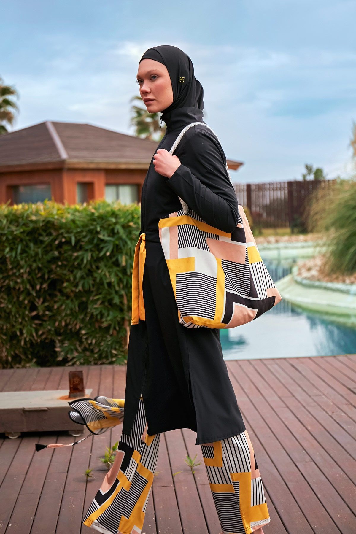 Burkini Modest Swimwear  Set Webstoff 4-Teilig Schwarz mit Karomotiven "Marina" M2422