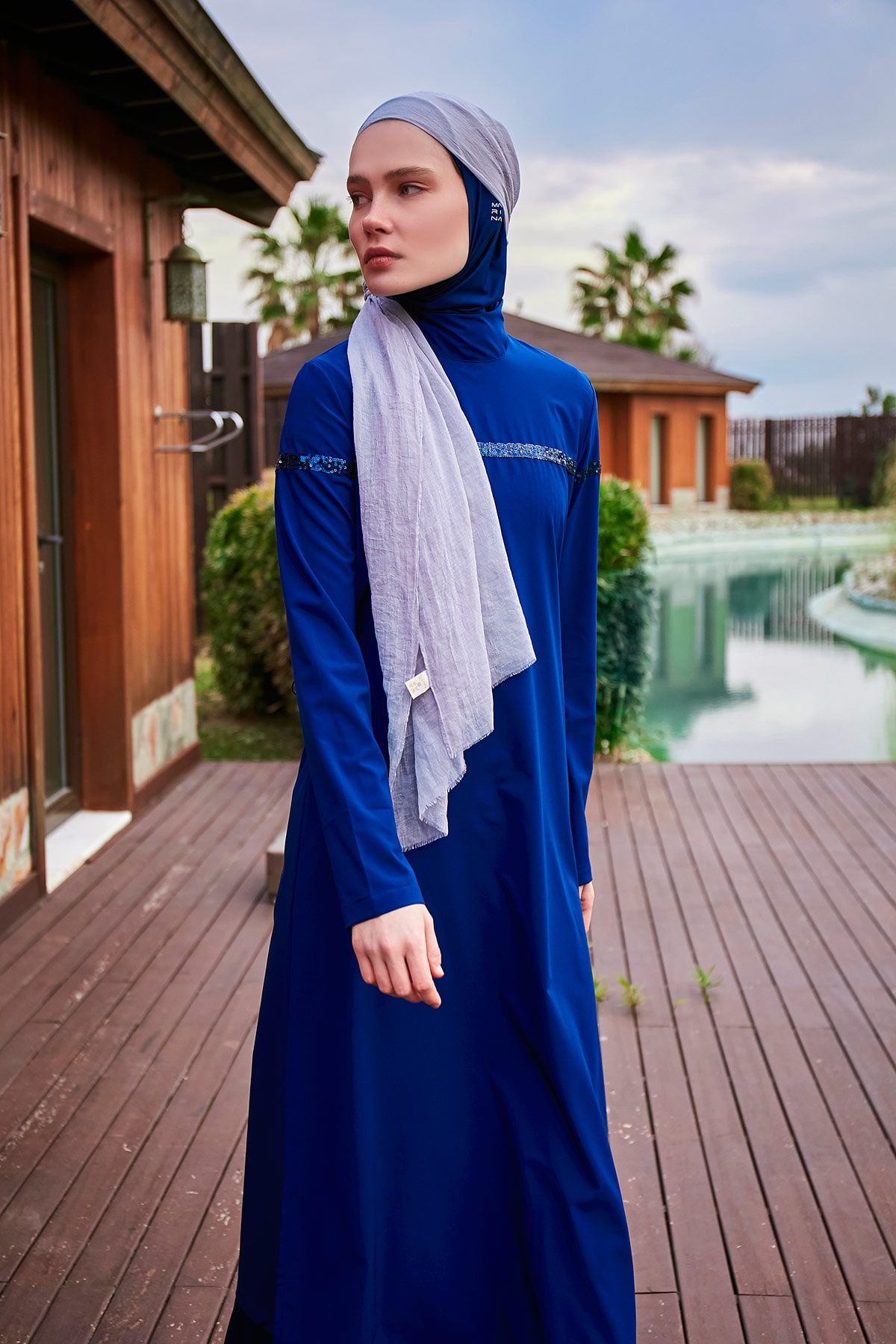 Burkini Modest Swimwear Set Webstoff 4-Teilig Blau mit Pailletten "Marina" M2434