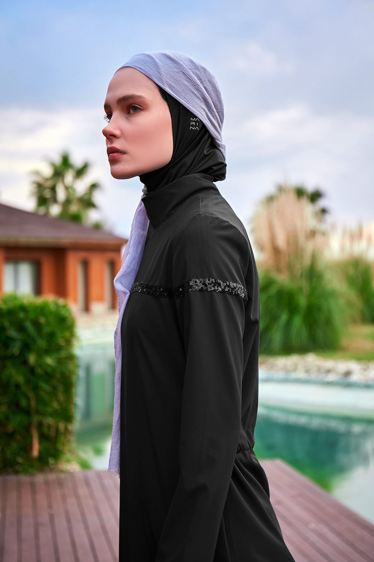 Burkini Modest Swimwear  Set Webstoff 4-Teilig Schwarz mit Pailletten "Marina" M2433