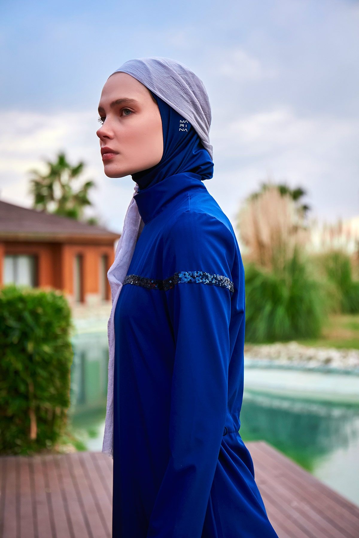 Burkini Modest Swimwear Set Webstoff 4-Teilig Blau mit Pailletten "Marina" M2434