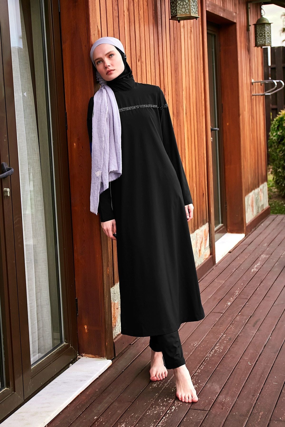 Burkini Modest Swimwear  Set Webstoff 4-Teilig Schwarz mit Pailletten "Marina" M2433