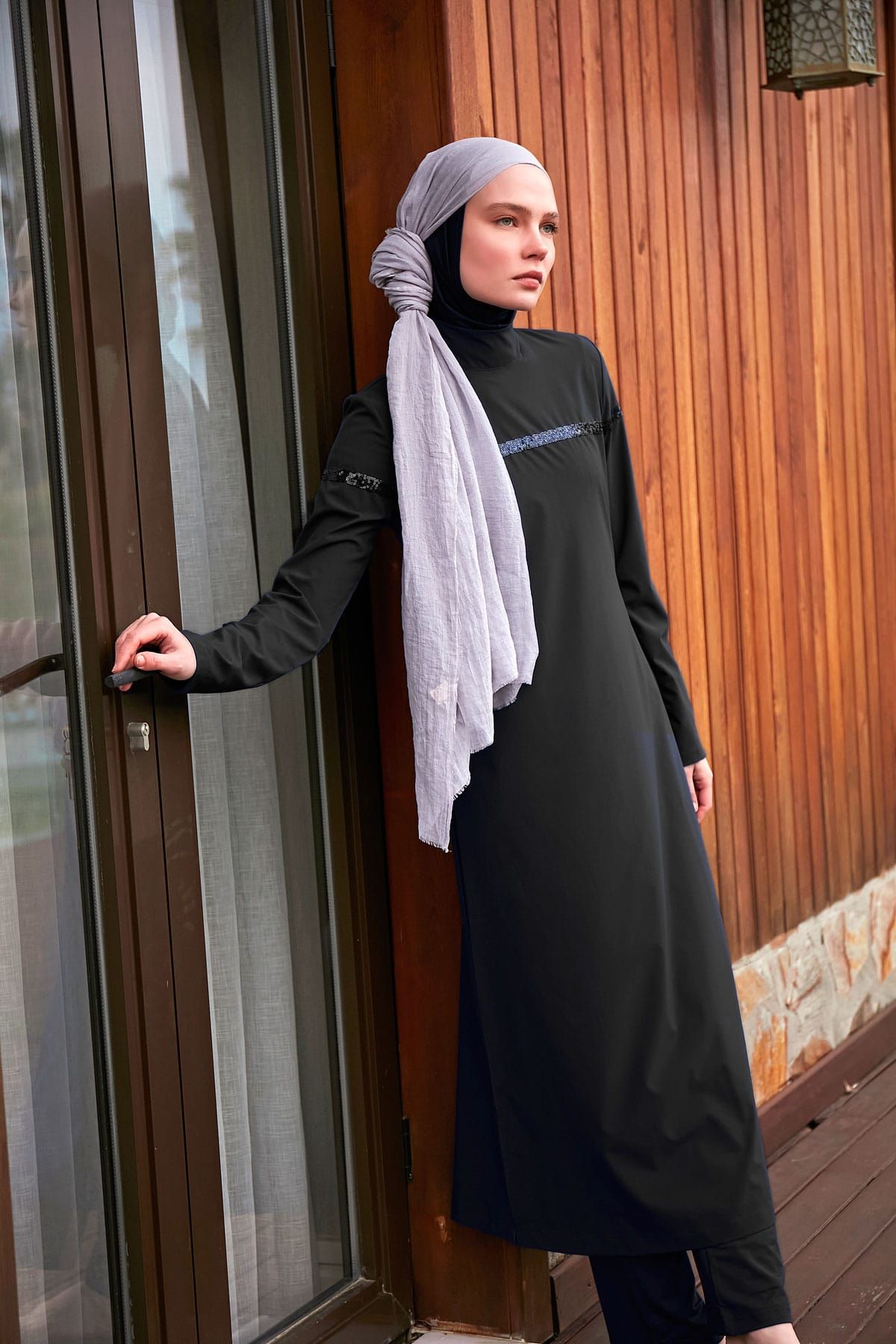 Burkini Modest Swimwear  Set Webstoff 4-Teilig Schwarz mit Pailletten "Marina" M2433