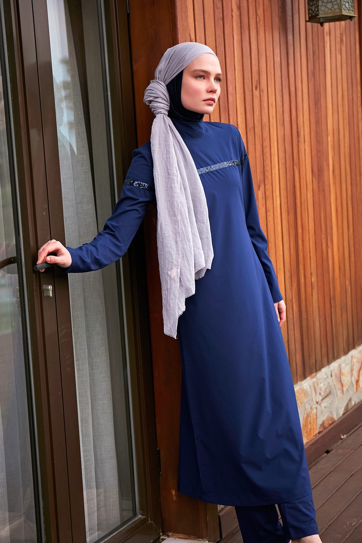 Burkini Modest Swimwear Set Webstoff 4-Teilig Blau mit Pailletten "Marina" M2434