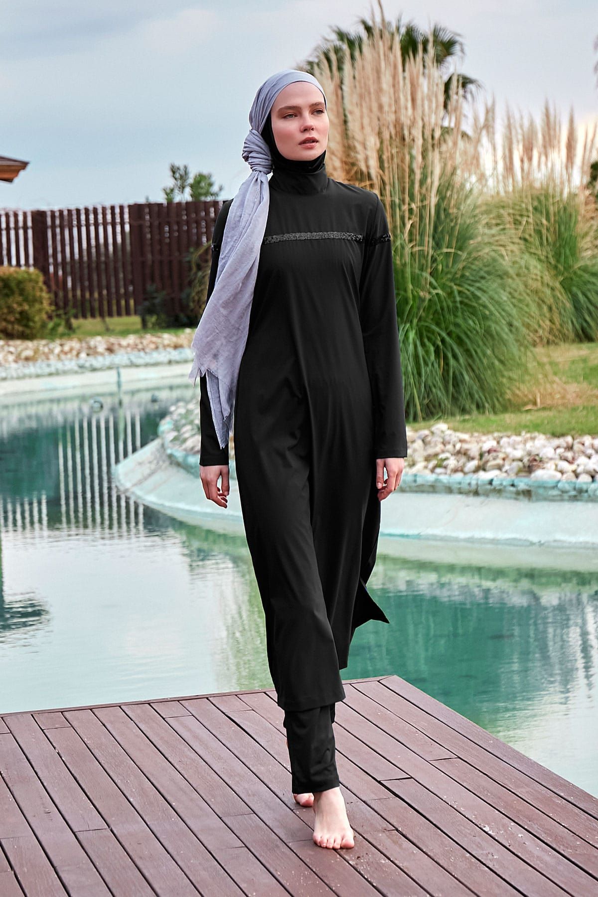 Burkini Modest Swimwear  Set Webstoff 4-Teilig Schwarz mit Pailletten "Marina" M2433