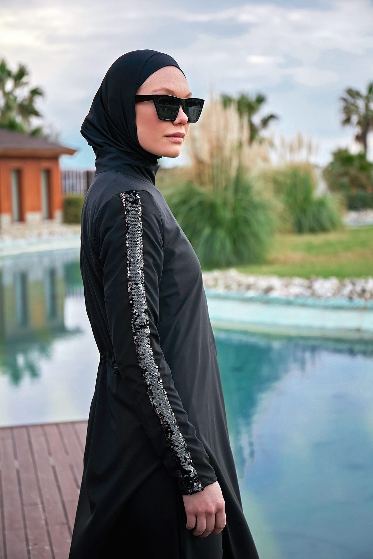 Burkini Modest Swimwear Set Webstoff 4-Teilig Schwarz mit Pailletten "Marina"  M2417