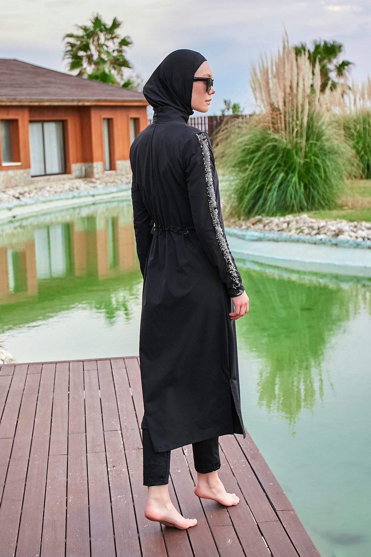 Burkini Modest Swimwear Set Webstoff 4-Teilig Schwarz mit Pailletten "Marina"  M2417