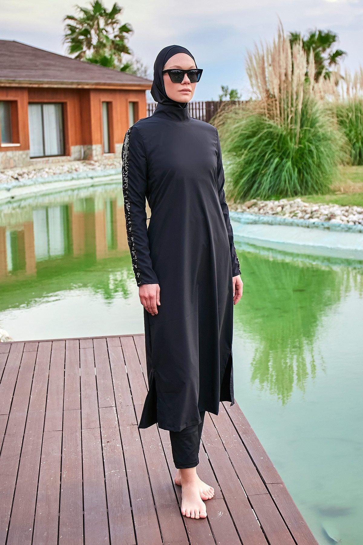 Burkini Modest Swimwear Set Webstoff 4-Teilig Schwarz mit Pailletten "Marina"  M2417