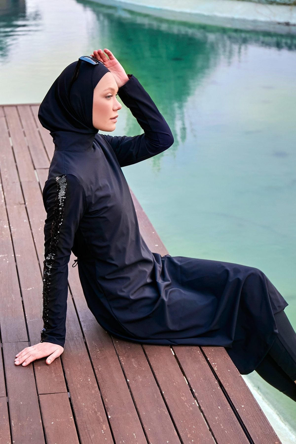 Burkini Modest Swimwear Set Webstoff 4-Teilig Schwarz mit Pailletten "Marina"  M2417