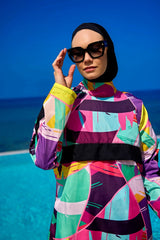 Burkini Modest Swimwear Set bunt mit schwarzer Schwimmhose - 4-teiliges muslimisches Badeanzug Set von Riva Mera by Marina