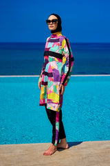 Burkini Modest Swimwear Set bunt mit schwarzer Schwimmhose - 4-teiliges muslimisches Badeanzug Set von Riva Mera by Marina