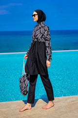 Burkini Modest Swimwear Set schwarz mit weißen Streifen - 4-teiliges muslimisches Badeanzug Set von Riva Mera by Marina
