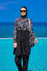 Burkini Modest Swimwear Set schwarz mit weißen Streifen - 4-teiliges muslimisches Badeanzug Set von Riva Mera by Marina
